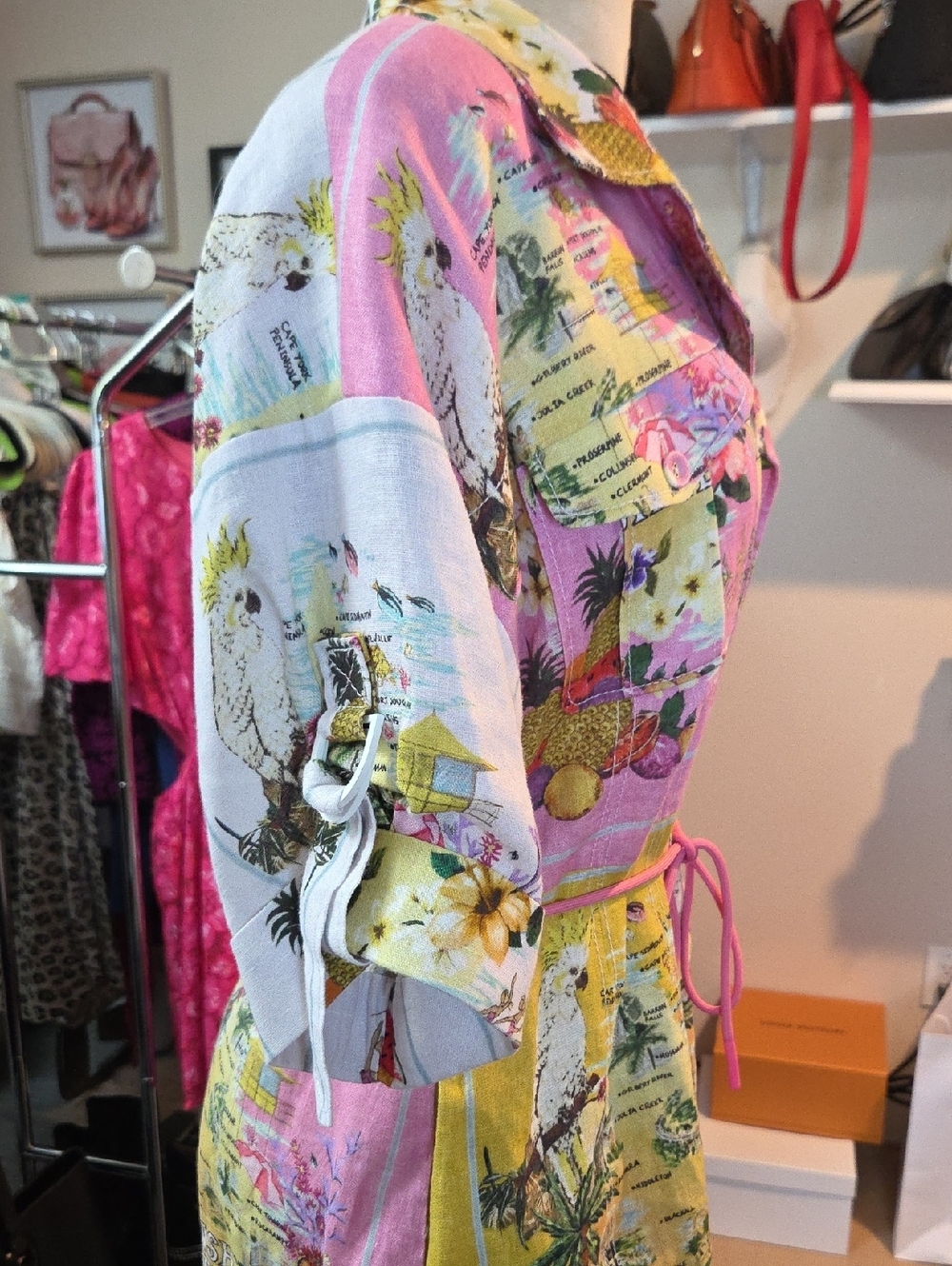Zimmerman Linen Floral Tropical Print Shirt Dress in Pink and Yellow - Picture 4 of 6